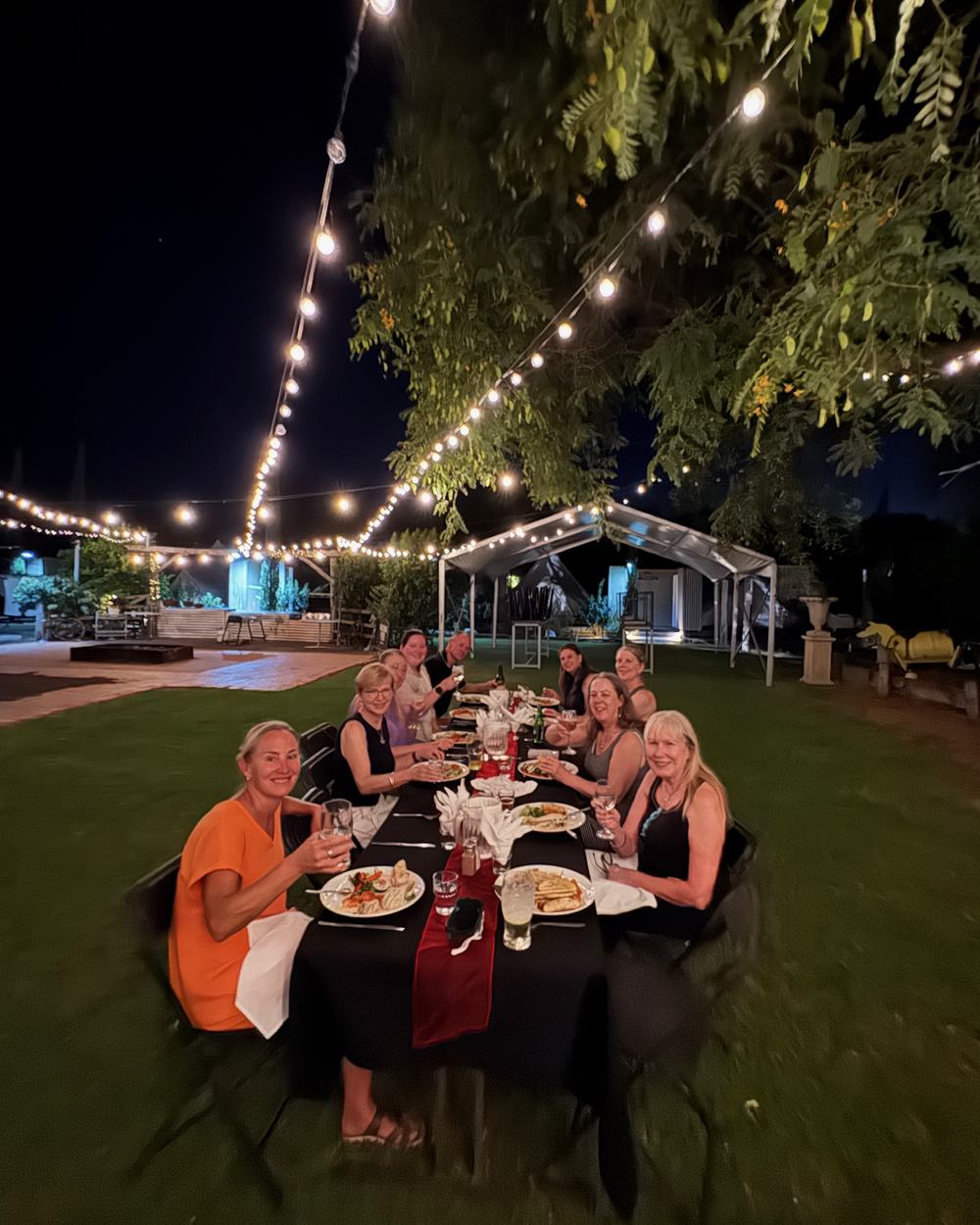 Guests at a long dinner table on the hotel lawn at night under strings of festoon lights.